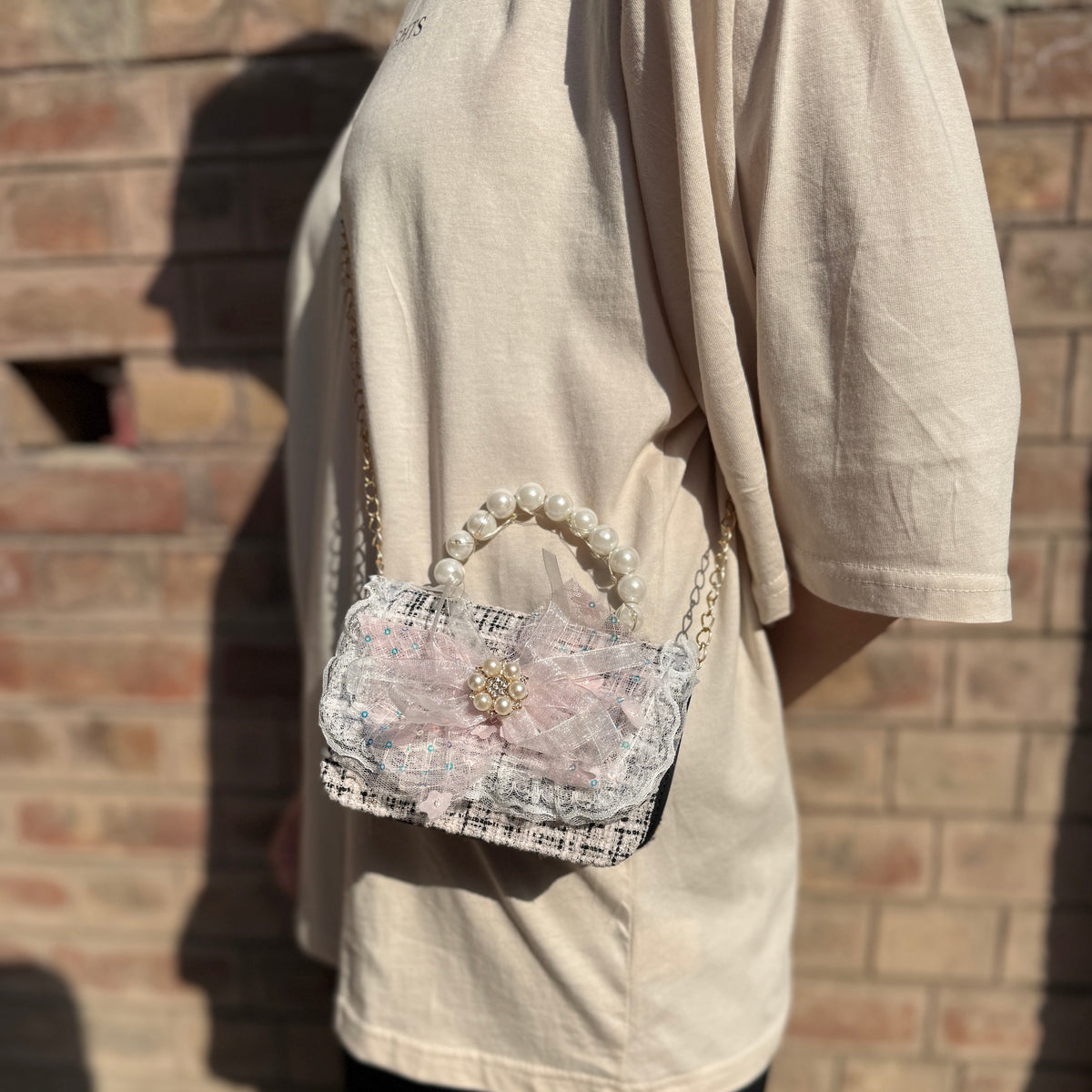 Pearl Handle Black Mini Crossbody Bag