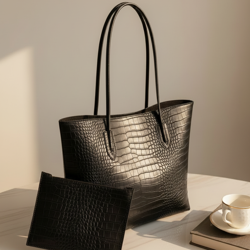 Black Crocodile Bag with Free pouch