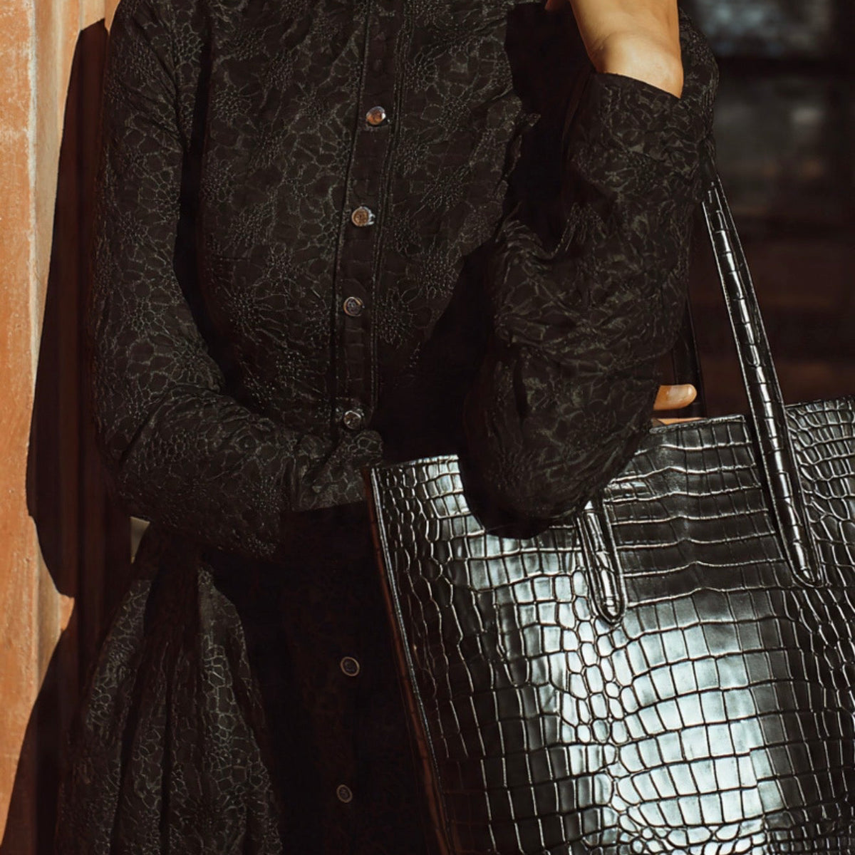 Black Crocodile Bag with Free pouch