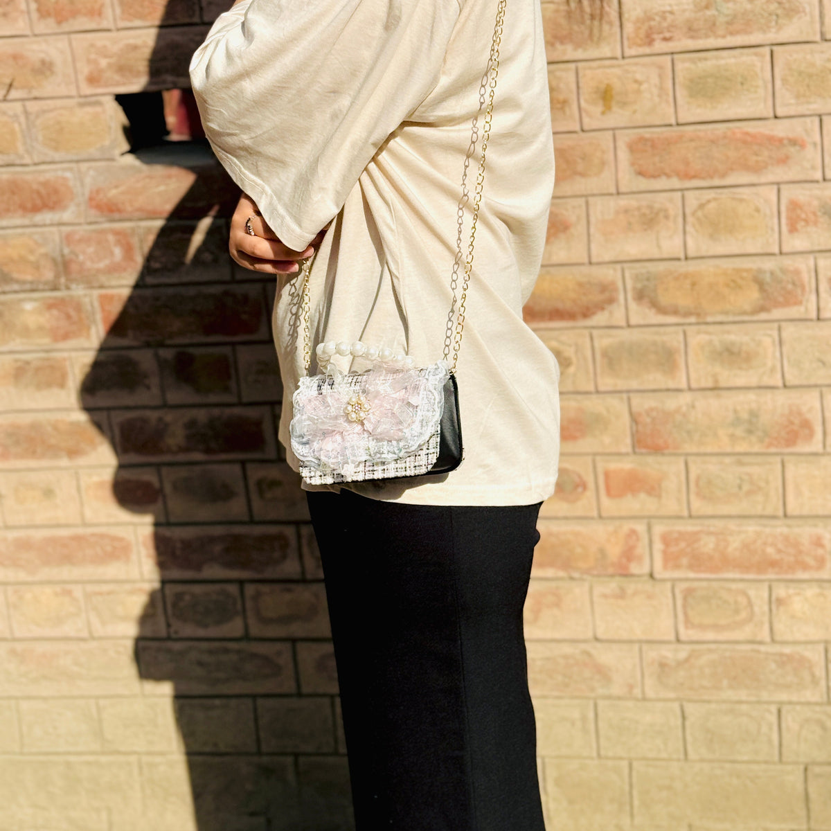 Pearl Handle Black Mini Crossbody Bag